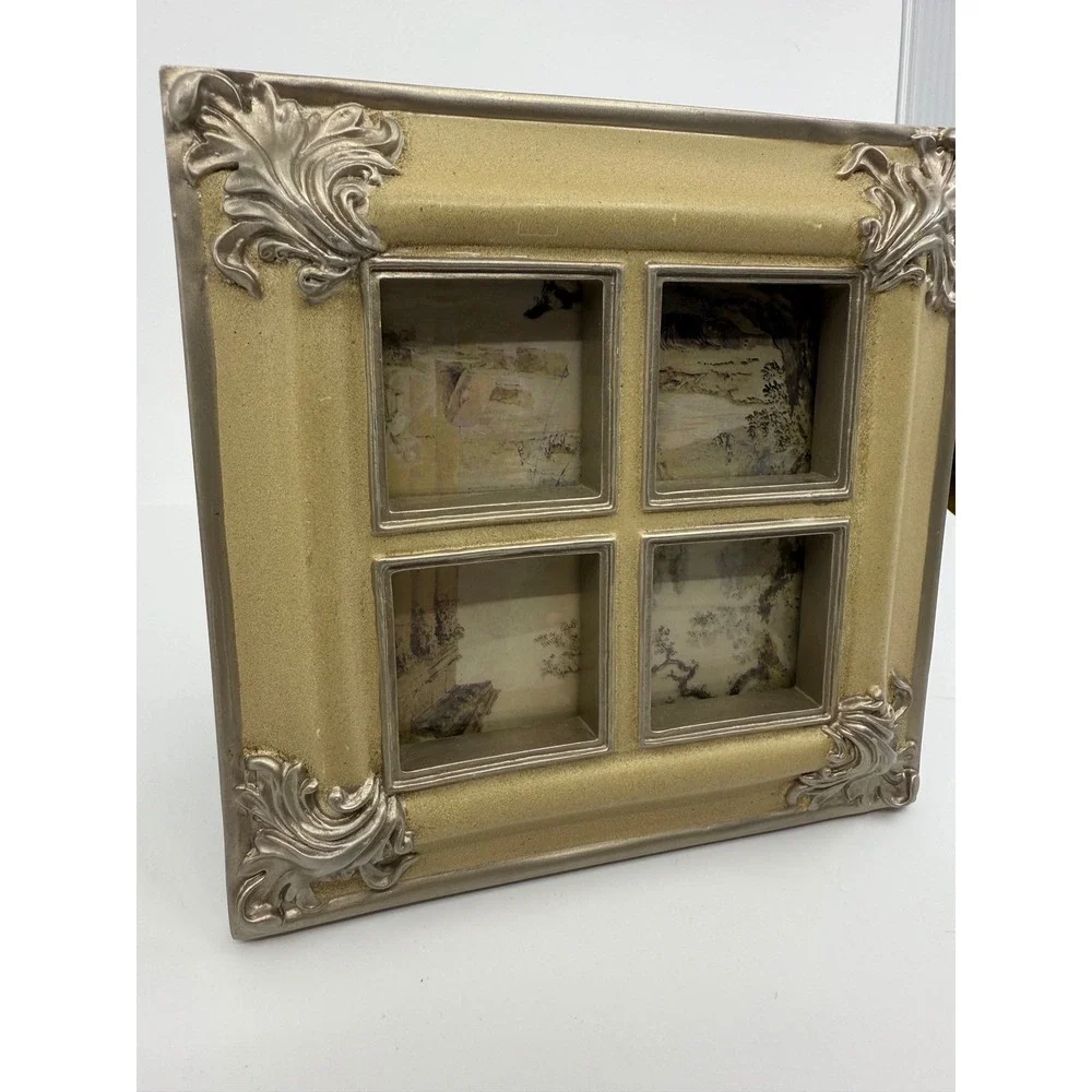 Multi Photo Frame Ornate Scrollwork‎ Cream Silver Tabletop Display 1.5x1.5